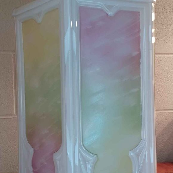 Art Deco Large Hexagon Milk Glass Pendant Ombre Pink-Green-Yellow - Picture 3 of 9